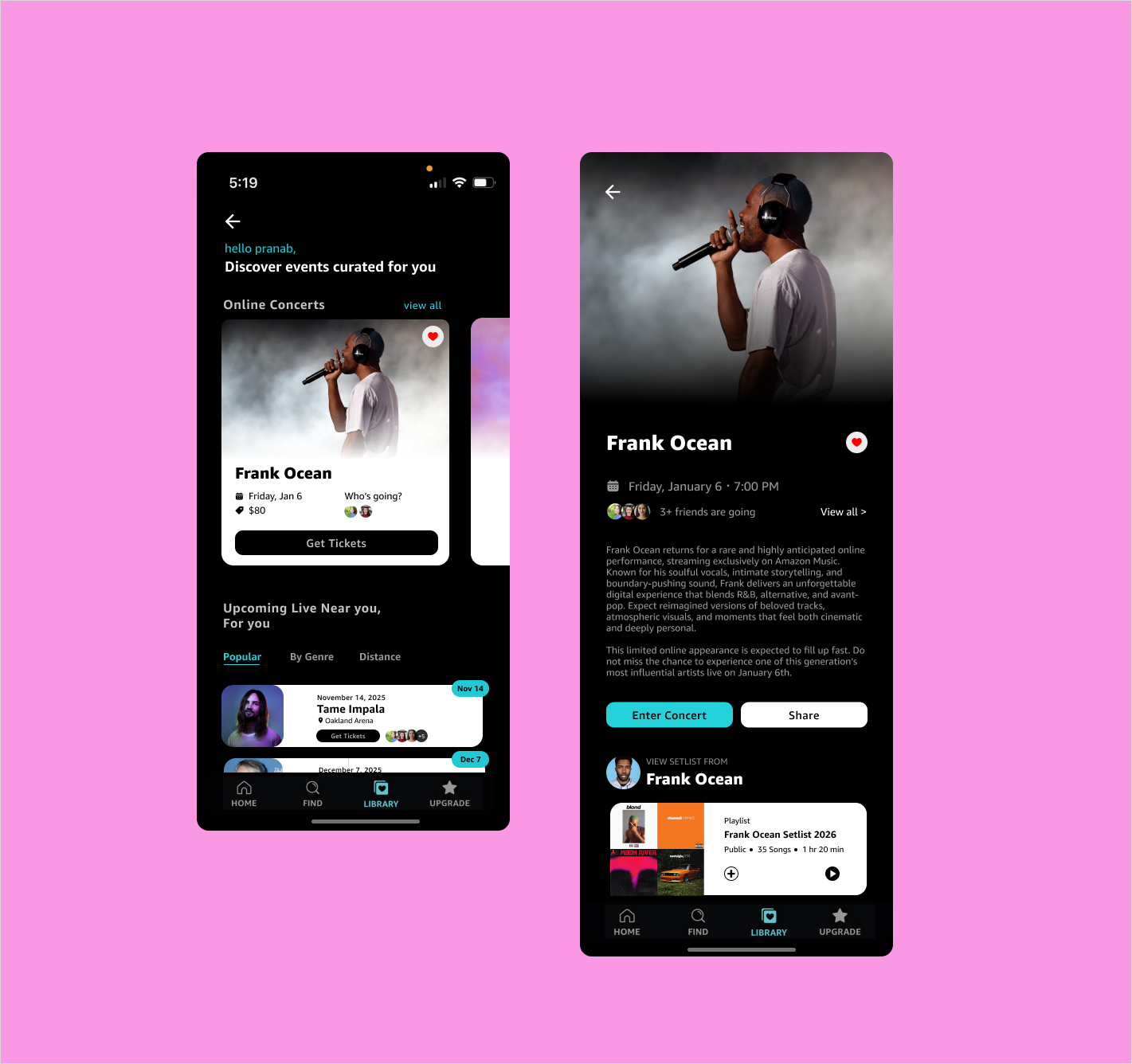 Amazon Music concert discovery and detail screens — personalized event feed, setlist preview, and ticketing flow