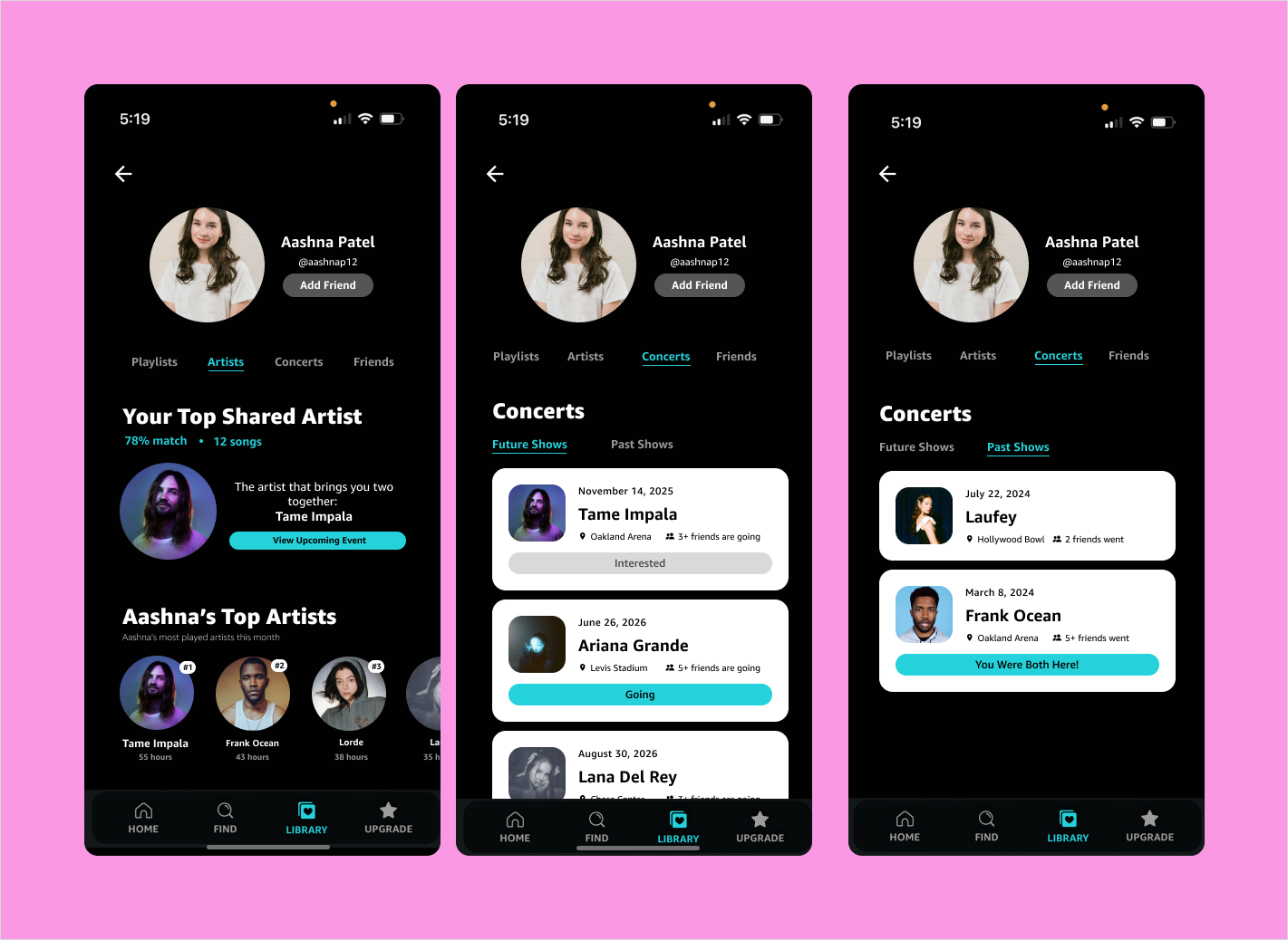Friend profile screens — shared top artist match, friends' concert activity, and past shows attended together