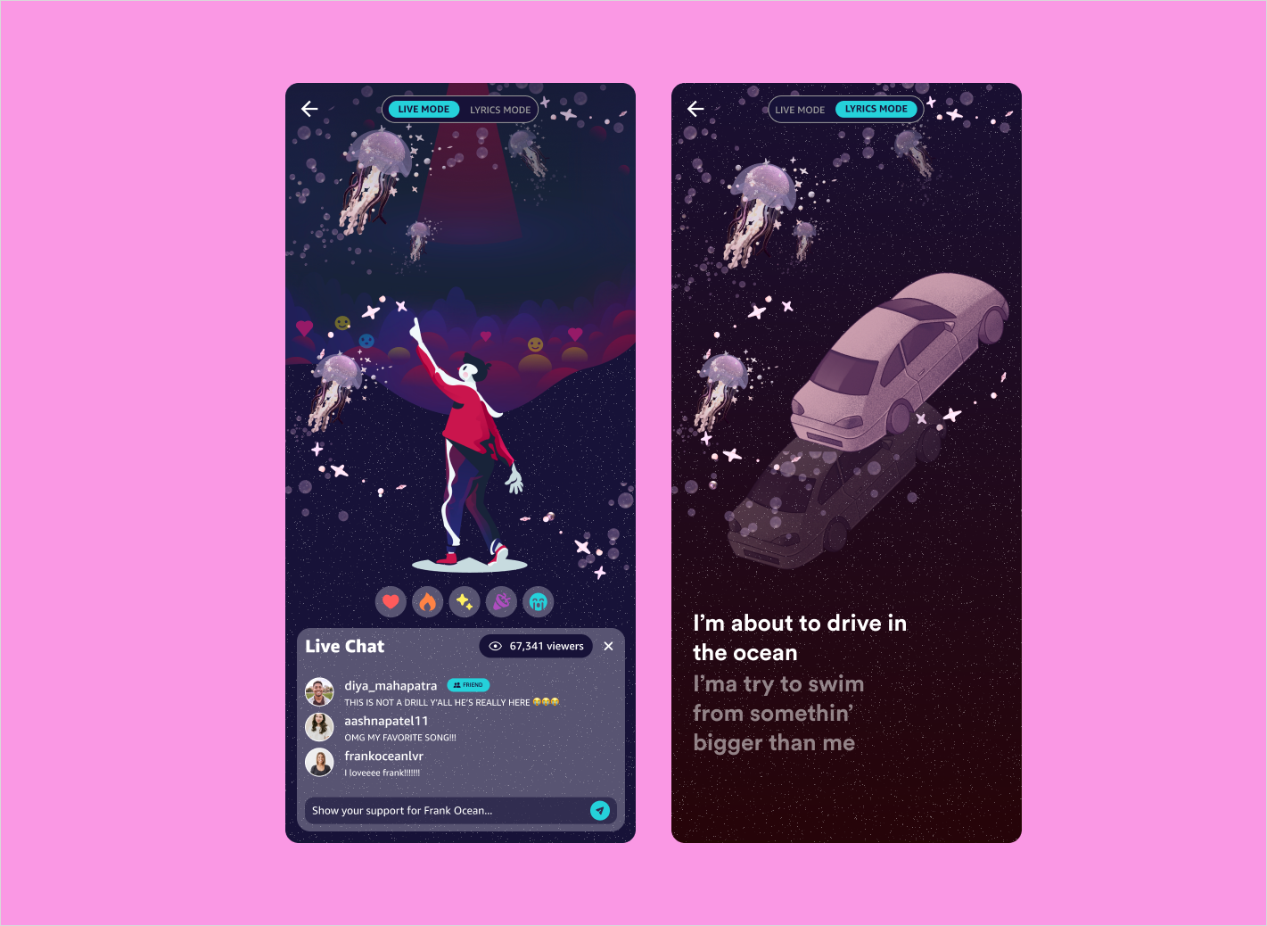 Live concert screens — Live Mode with real-time reactions and chat, and Lyrics Mode with animated visuals
