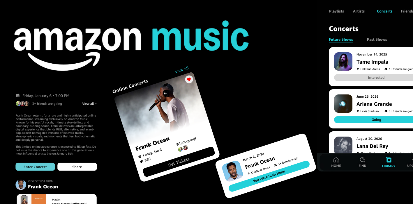 Amazon Music hero — concert detail, friend activity, and online concerts screens