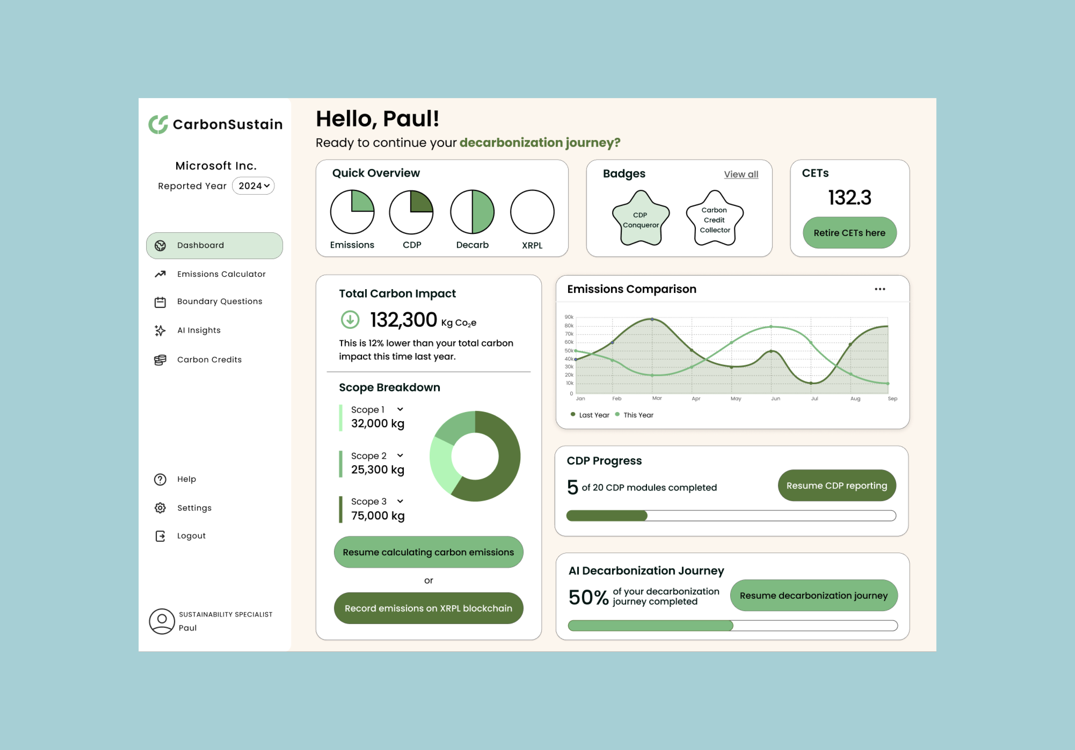 The redesigned Carbon Sustain dashboard — total carbon impact and scope breakdown on the left, emissions comparison, CDP progress and decarbonization journey on the right