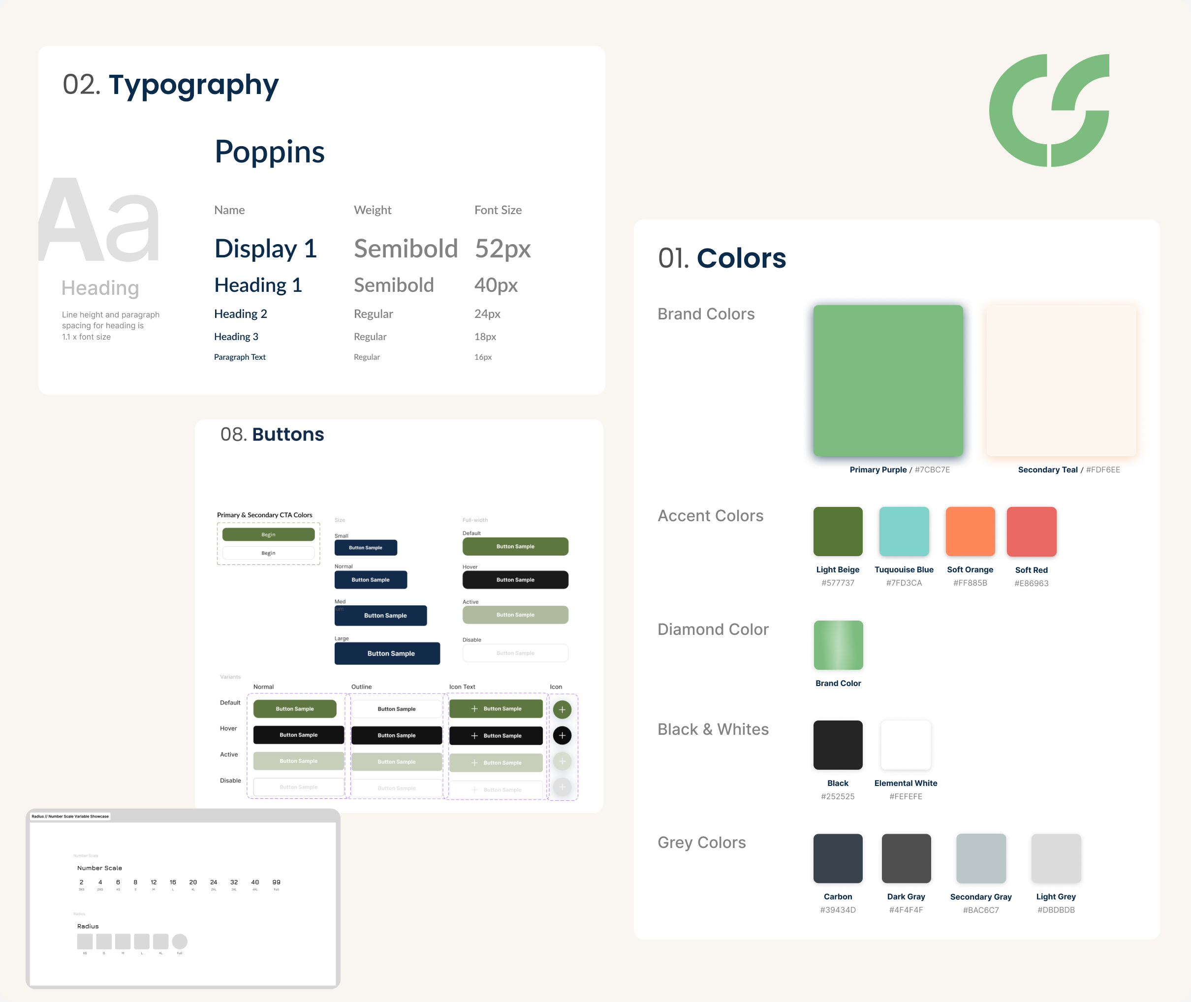 Carbon Sustain visual system — typography scale, brand and accent colors, button variants, and radius scale