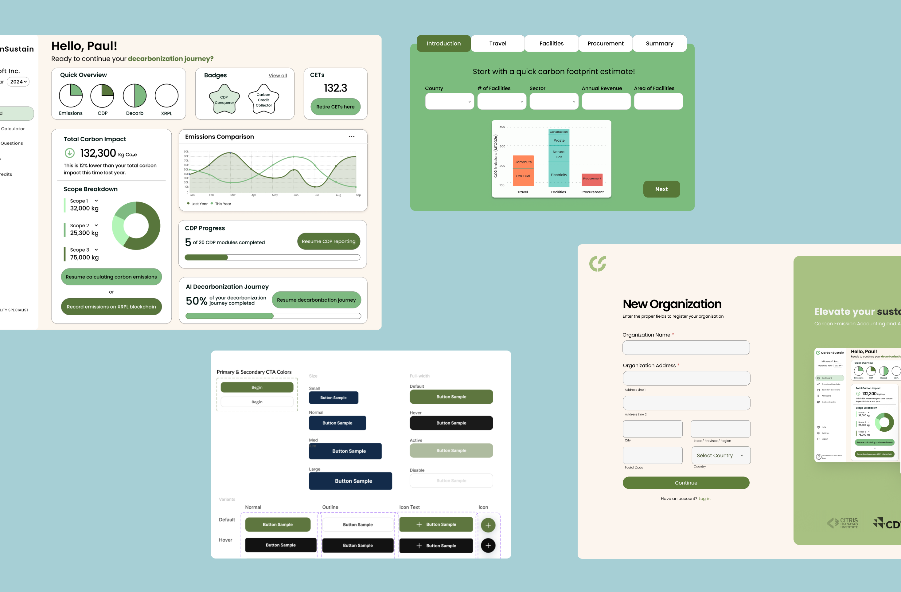 Carbon Sustain hero — dashboard, signup flow, and marketing card with CITRIS, CDP, and UC Berkeley logos