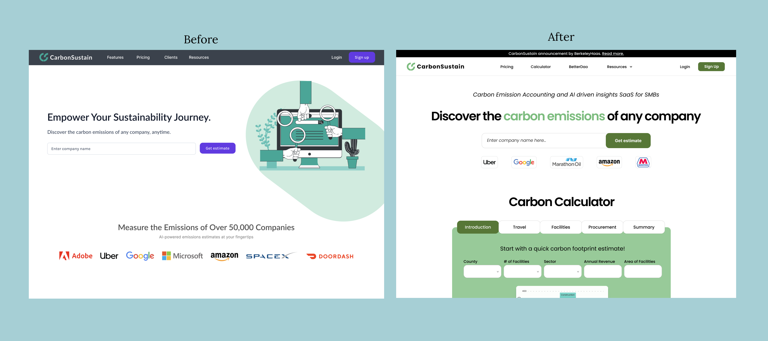 Before and after — original Carbon Sustain landing page versus redesigned landing page with clearer value proposition and calculator surfaced